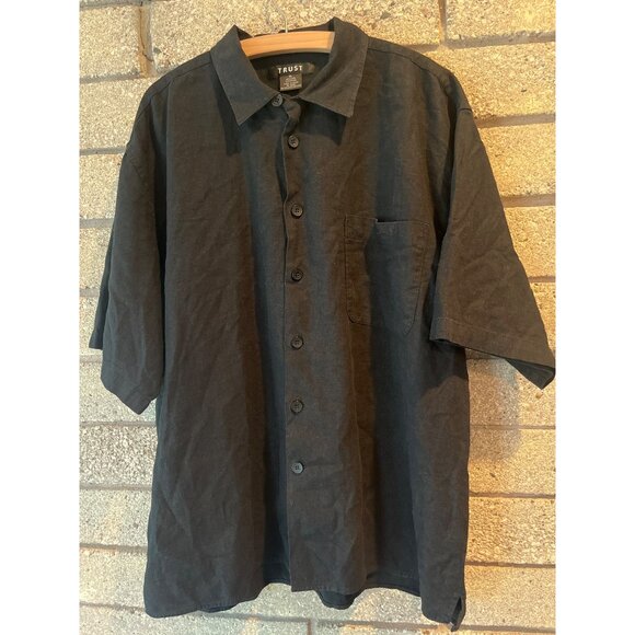 Trust Black Button-Up Shirt XL 55% Linen 45% Rayon Short Sleeve Casual With Pock - Picture 2 of 9